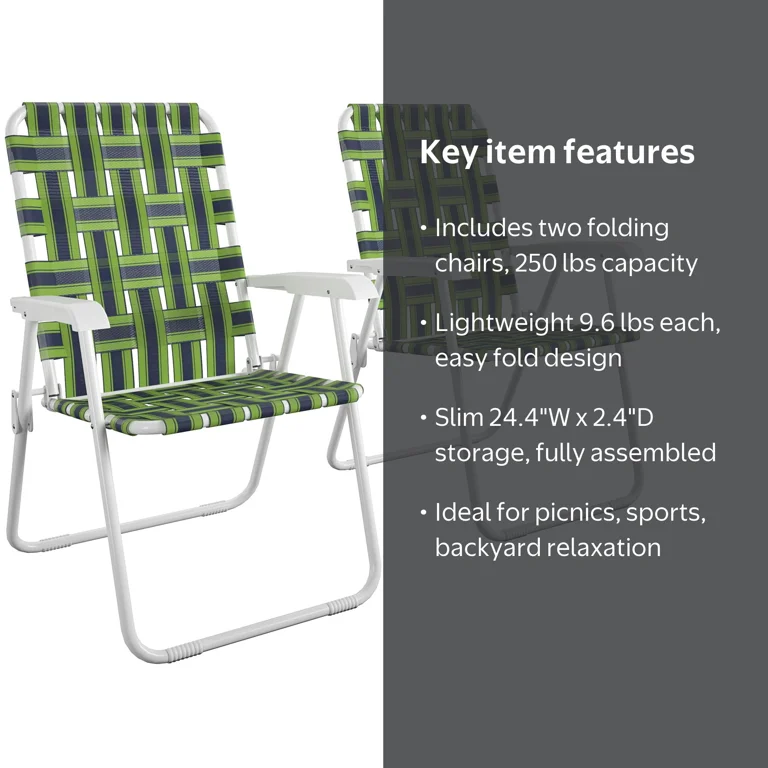 COSCO Folding Lawn Chairs, 2-Pack, Steel, Green, 23x24.4x35.8 in