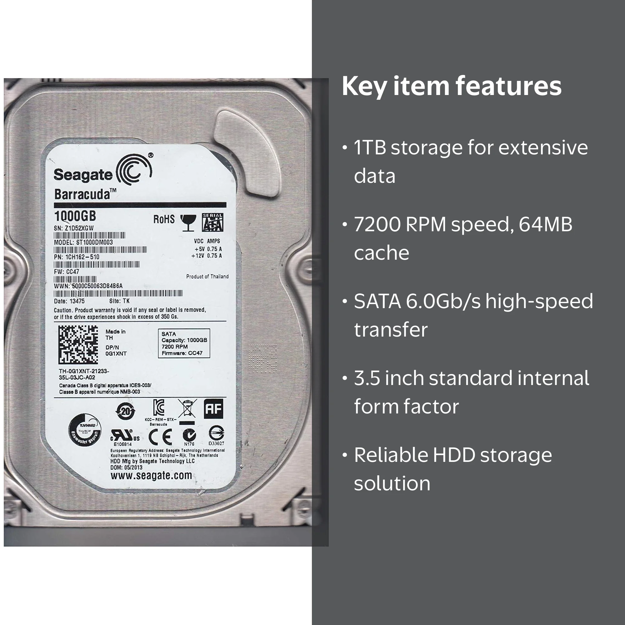 Seagate 1TB HDD Hard Drive, 7200RPM, 64MB Cache, SATA 6.0GB/S, 3.5
