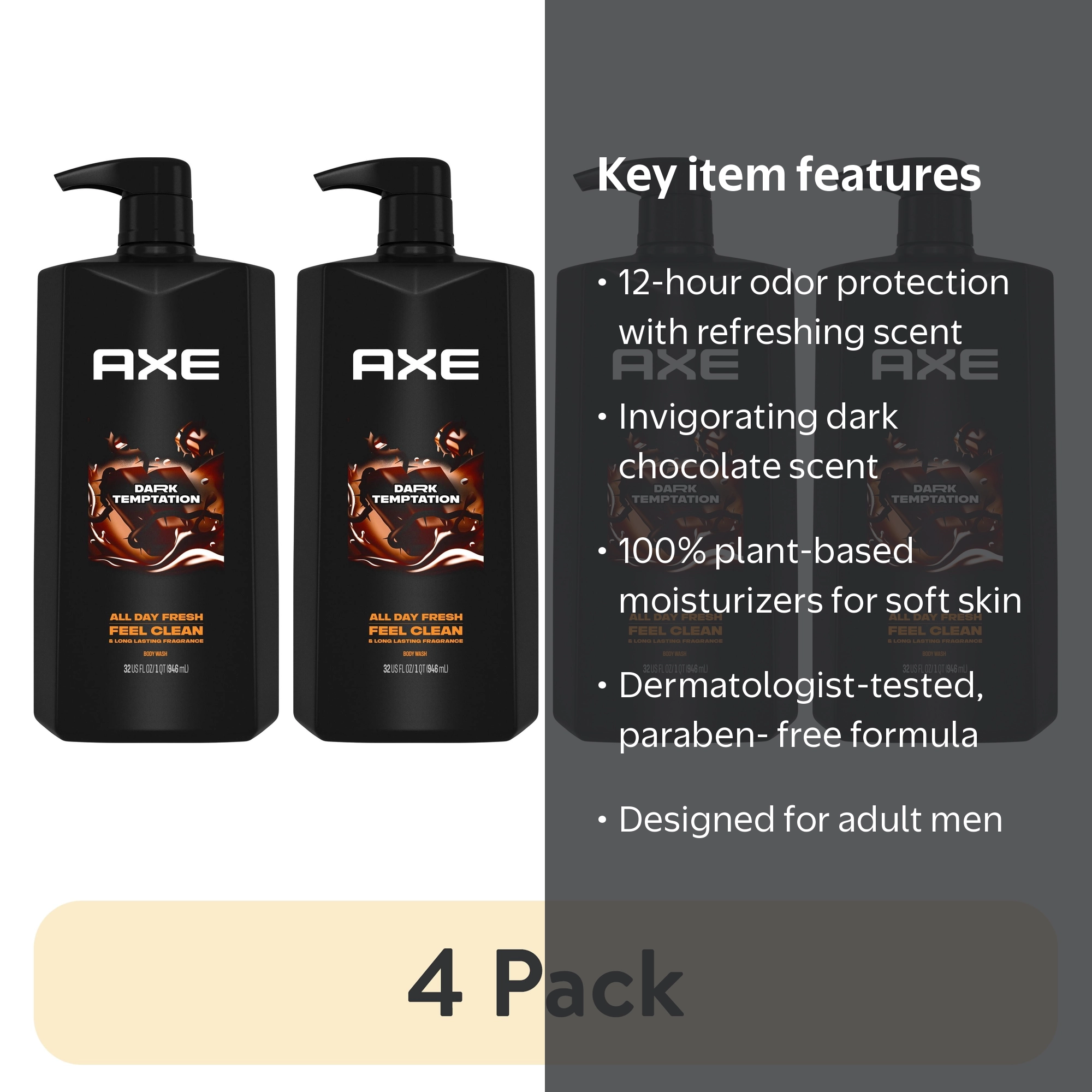 4 pack) Axe Dark Temptation Body Wash For Men 12h Refreshing Scent