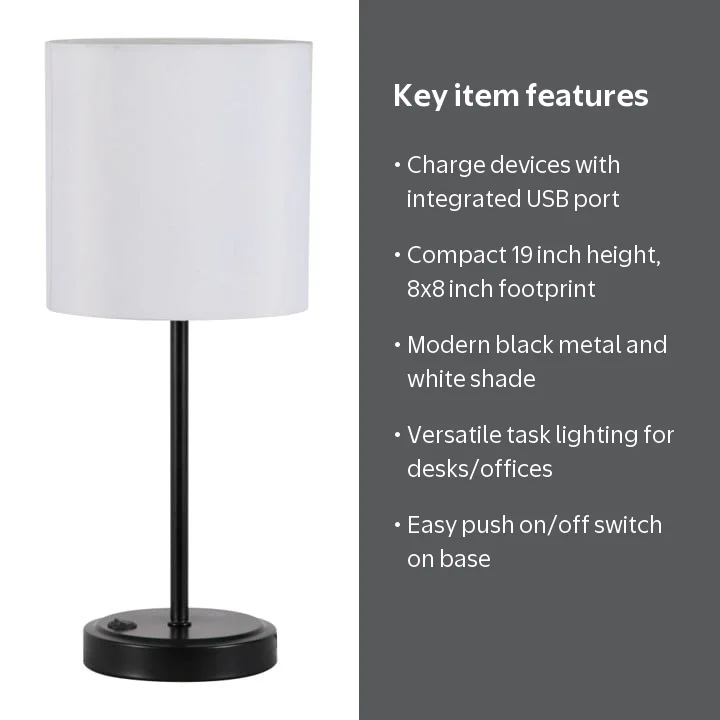 Mainstays 19 in Black Stick Table Lamp with White Fabric Shade and
