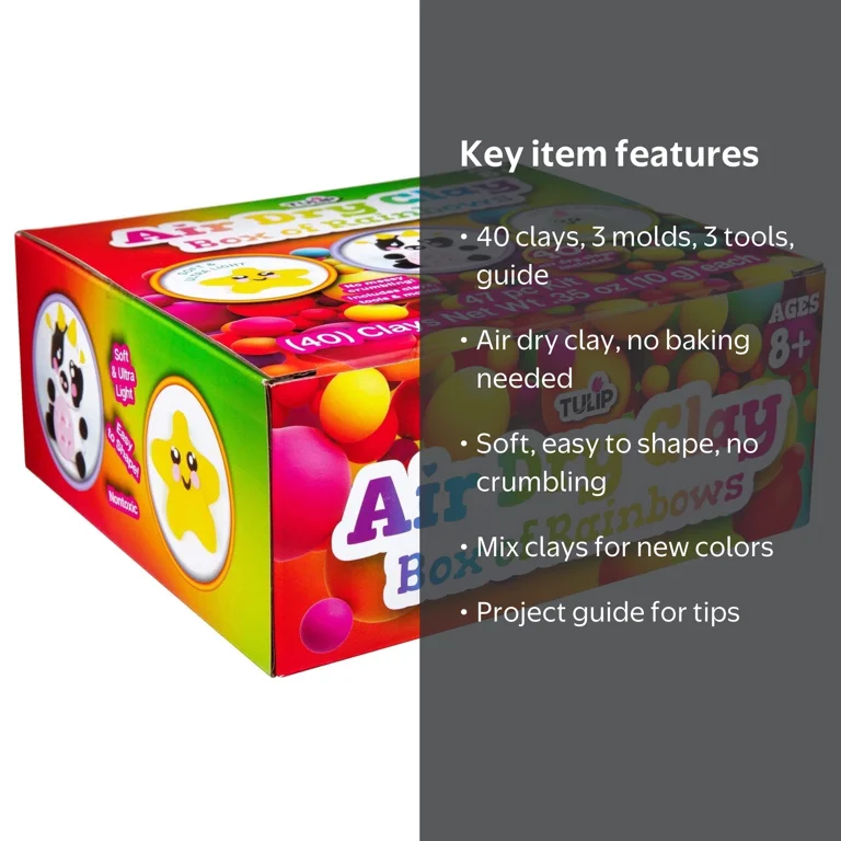 Tulip Air Dry Clay Bulk Box- 40 Rainbow Clay Packs with Shape