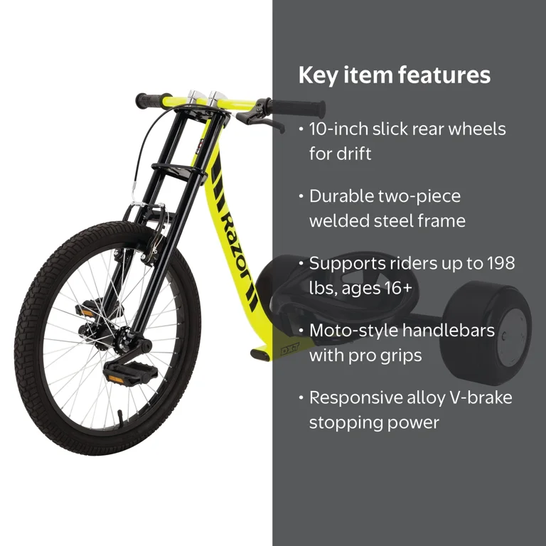 Razor, Drift Trike, Black/Yellow Steel Frame, 3-Wheeled Ride On