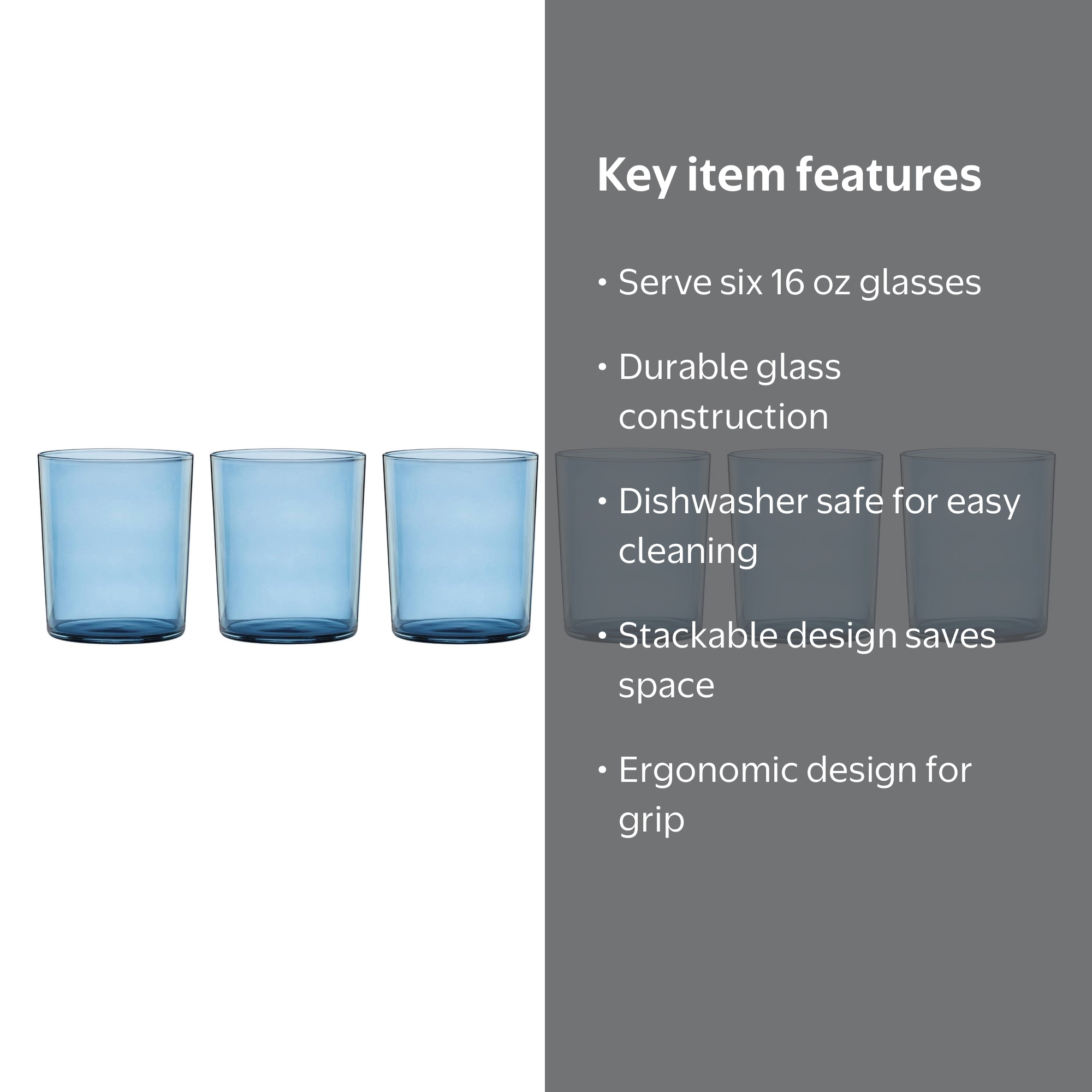 Oneida Blue Glasses 16 oz Set of 6 Stackable Drinking Glasses