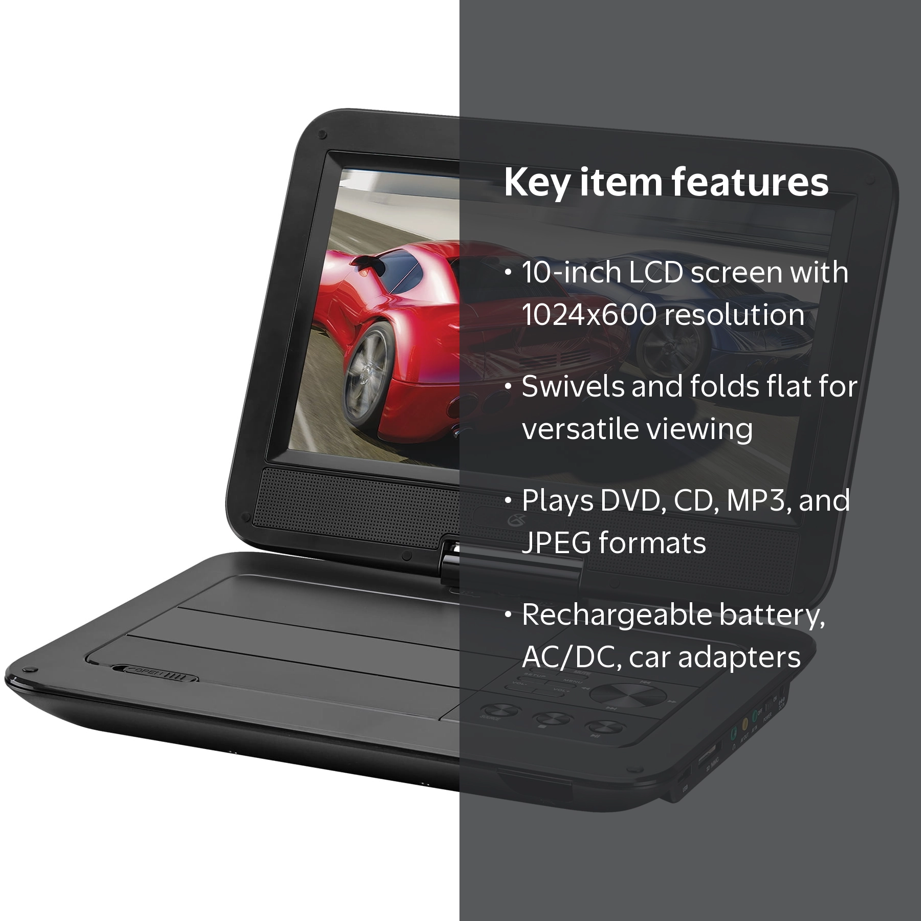 GPX 10 Inch Portable DVD Player with 1024x600 Resolution PD1053BX