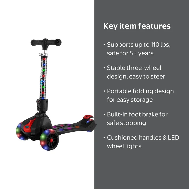 Hover-1 KidsGear Ziggy Folding Kick Scooter, Black, LED Lights