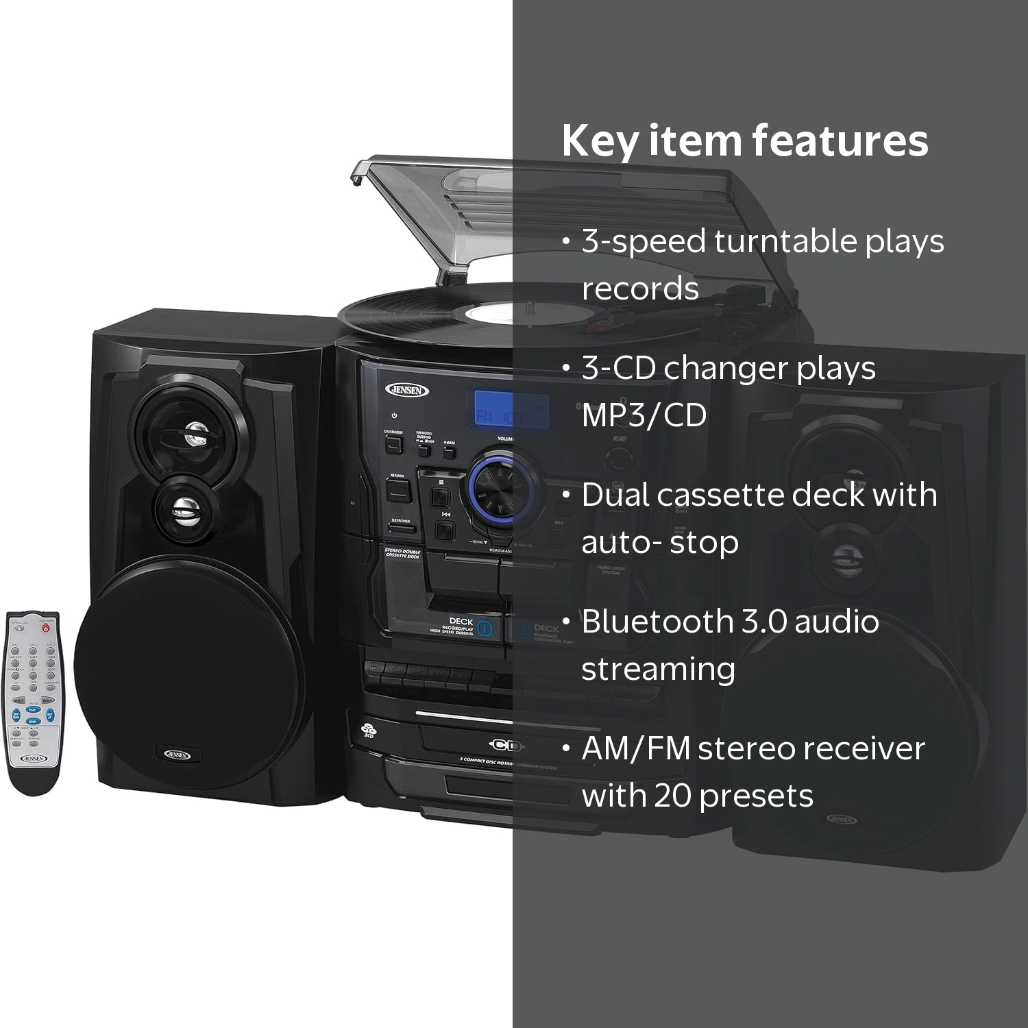 Jensen JMC-1250 BT 3-Speed Turntable with Bluetooth, 3 CD Changer
