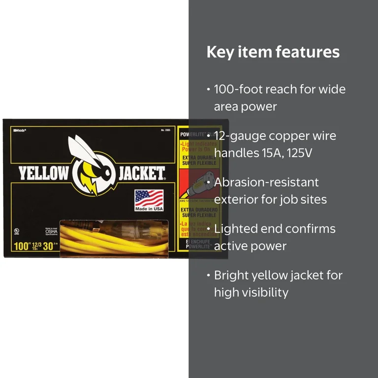Yellow Jacket, Heavy-Duty Extension Cord, 12/3 100' SJTW, Lighted