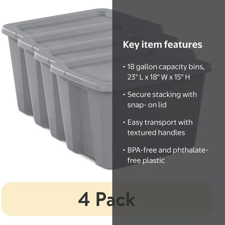 4 pack) Sterilite 18 Gal Large Plastic Storage Bin with Snap-On