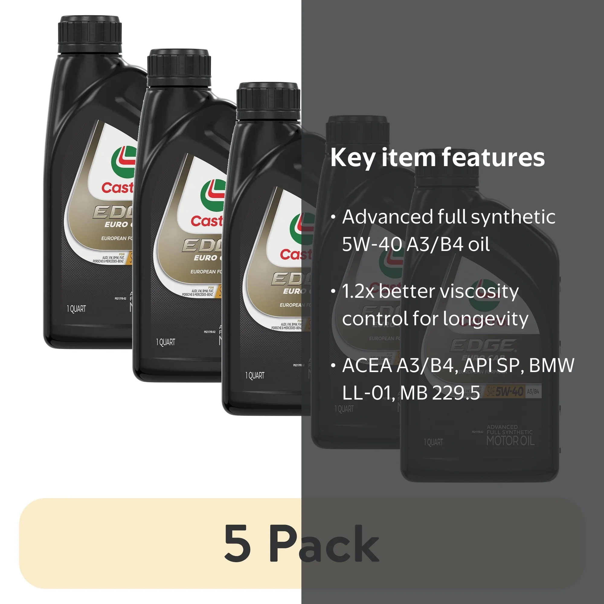 5 pack) Castrol EDGE Euro 5W-40 A3/B4 Advanced Full Synthetic