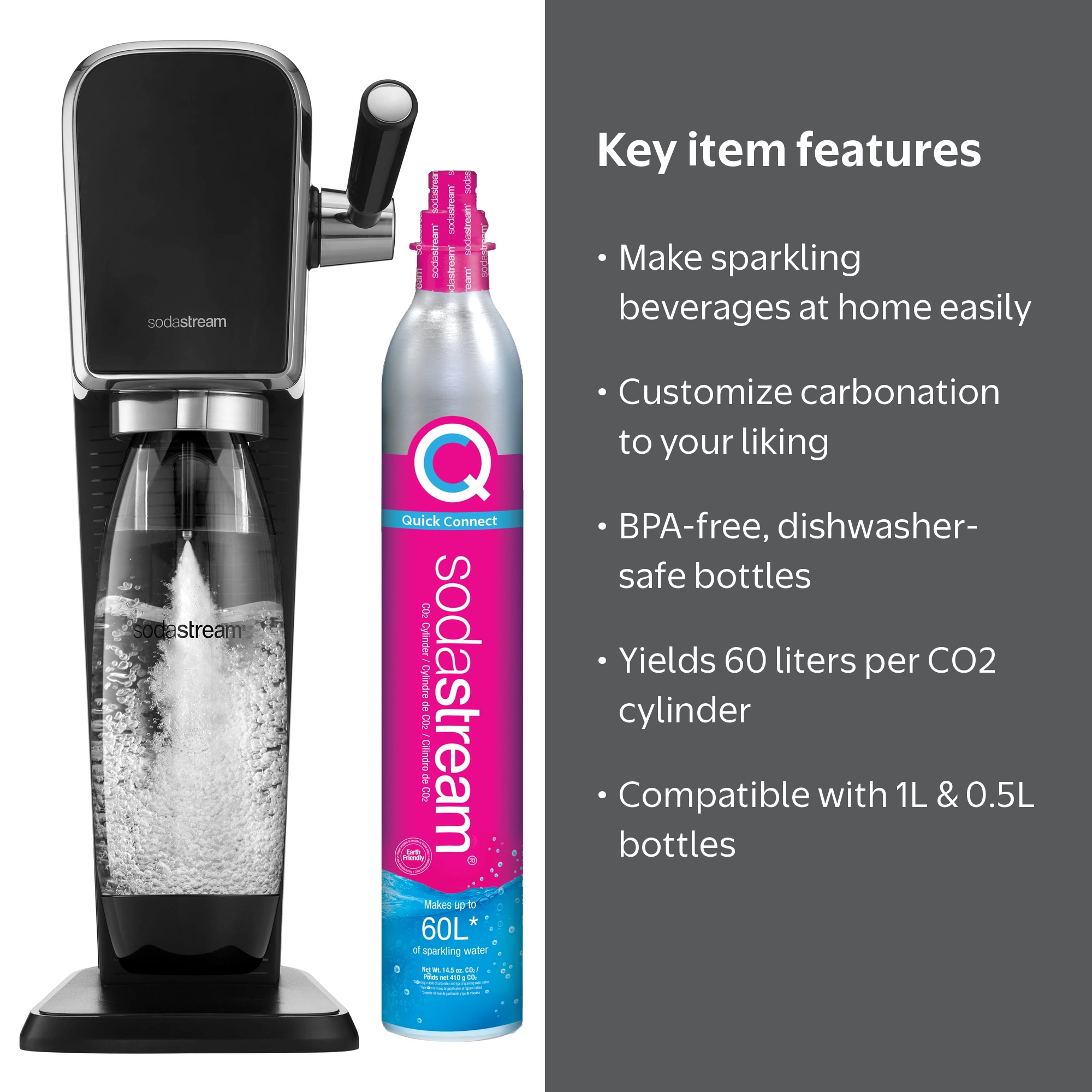 SodaStream Art Sparkling Water Maker Black with 1L Dishwasher Safe