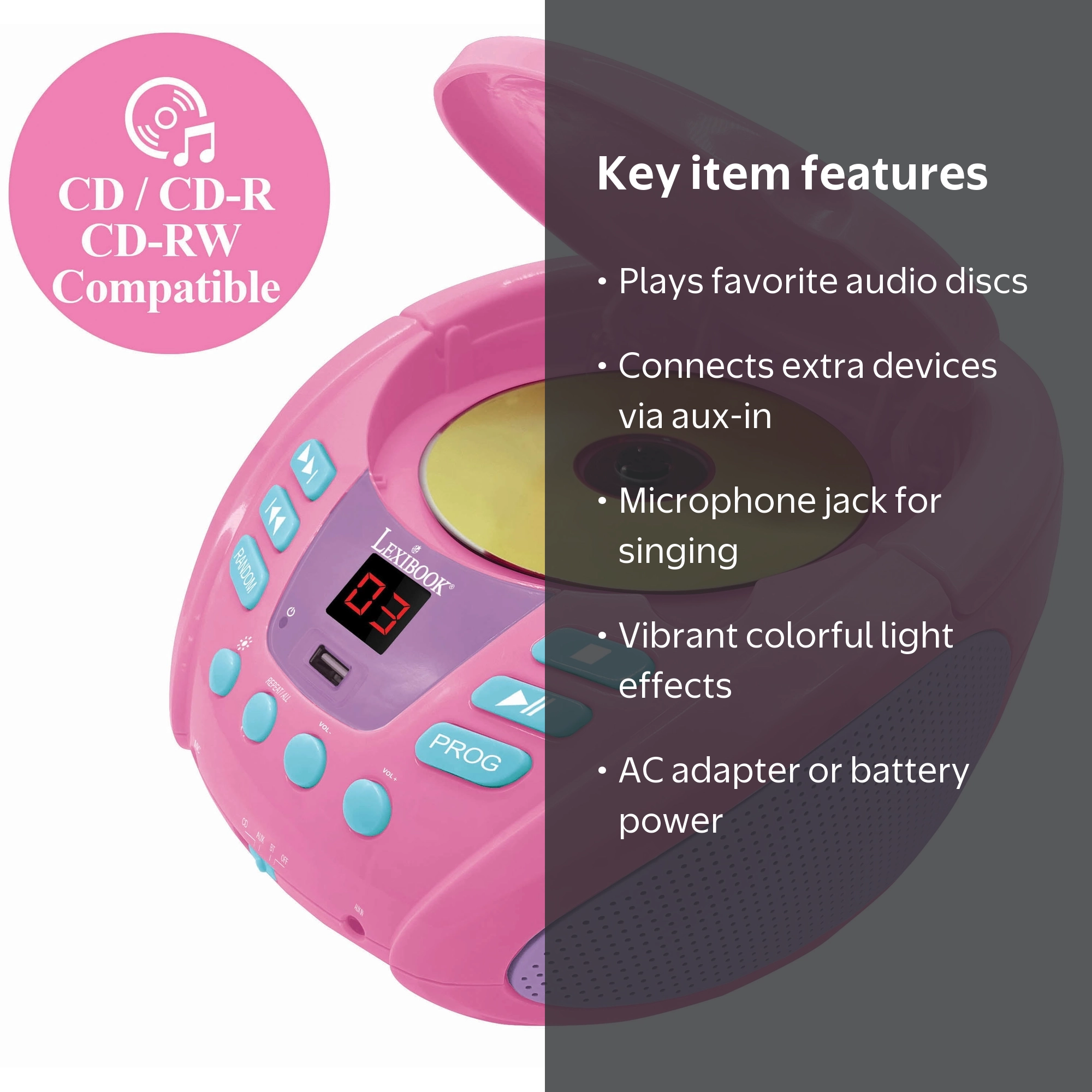 Lexibook, Unicorn Bluetooth Portable CD Player, with Lights and