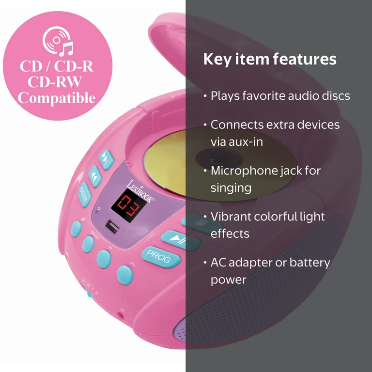 Lexibook, Unicorn Bluetooth Portable CD Player, with Lights and