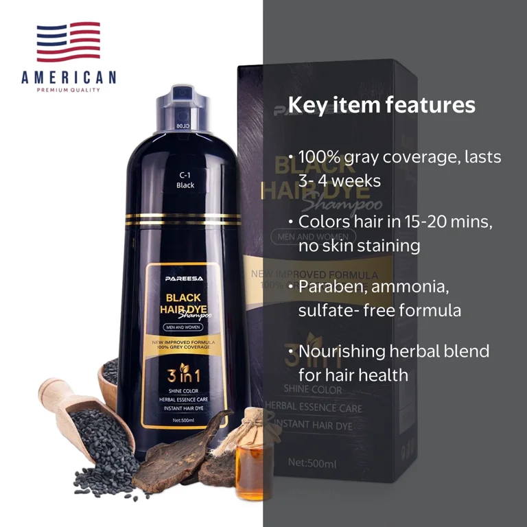 PAREESA Black Hair Dye Shampoo, 3 in 1 Gray Coverage, Safe Formula