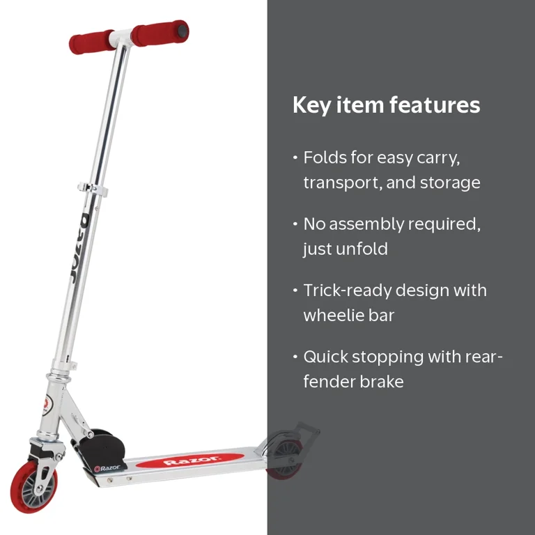 Razor A2 Kick Scooter – Red, Wheelie Bar, Foldable, Lightweight