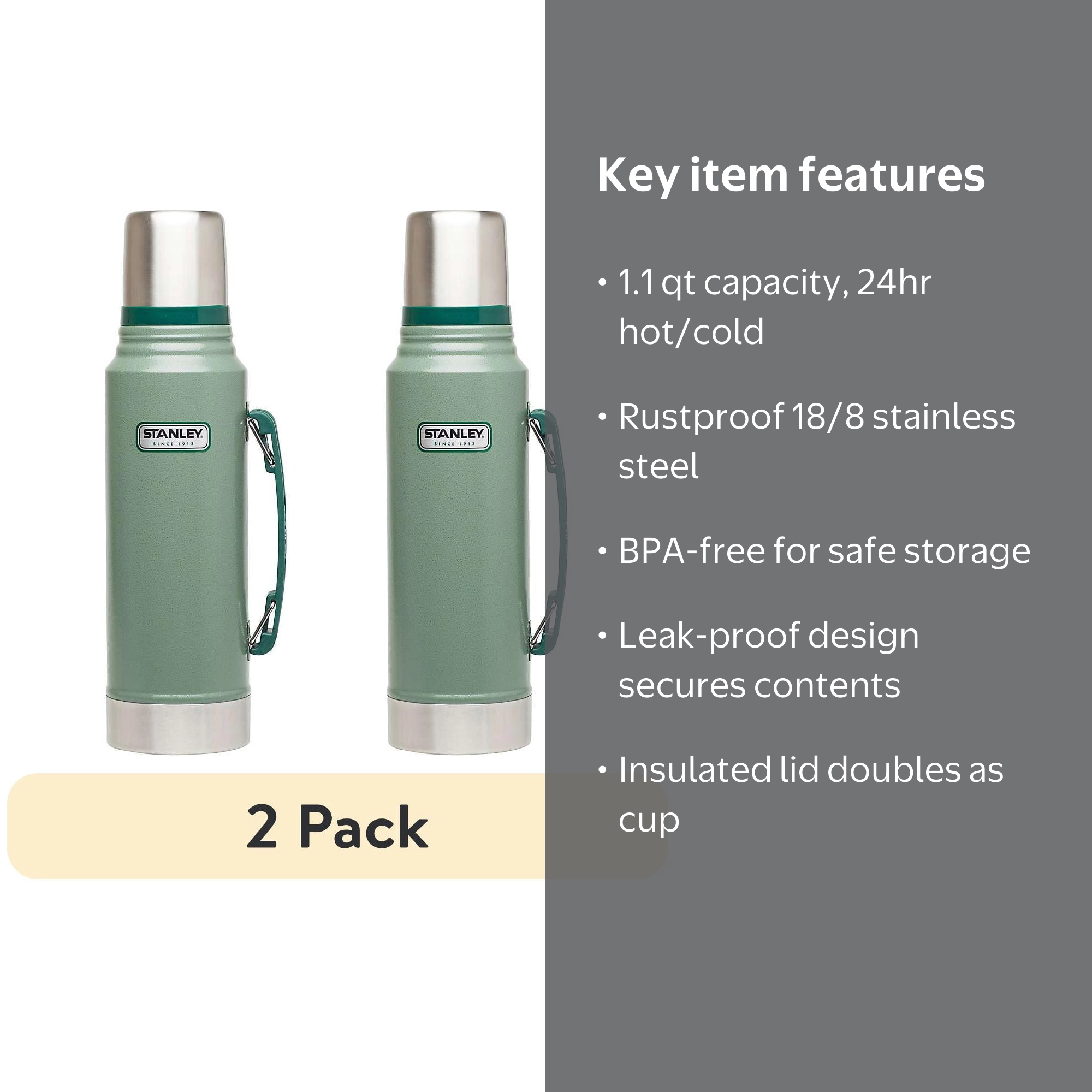 2 pack) STANLEY Classic Vacuum Bottle, Green/Silver - Walmart.com
