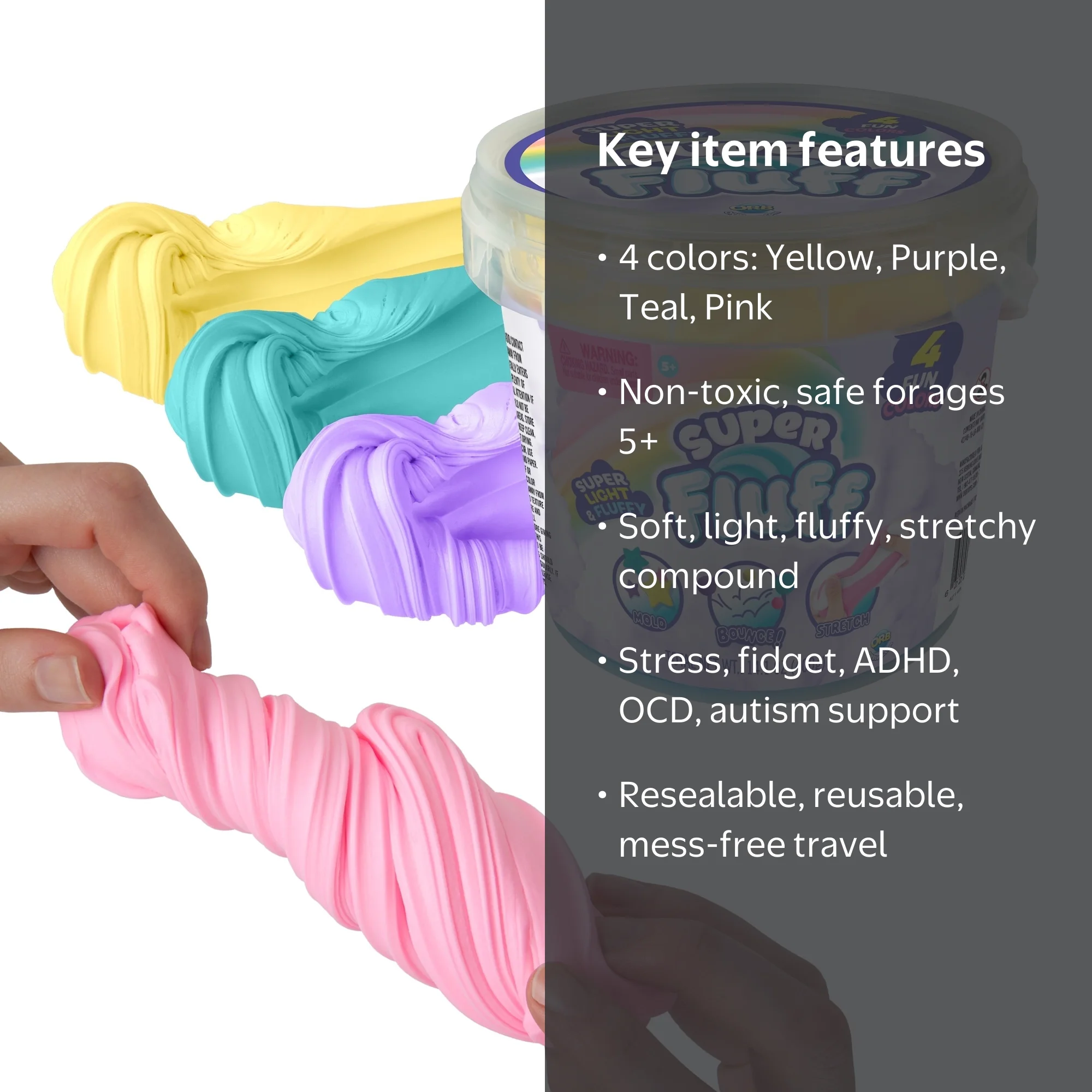 ORB Super Fluff Slimi 4 Pack Bucket Color Set 1 - Yellow, Purple