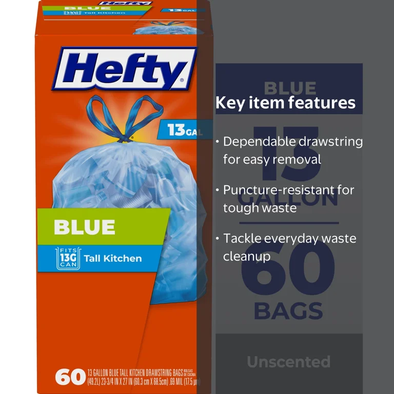 Hefty, Trash Bags, 13 Gallon, 60ct Blue Heavy Duty Ultra Strong