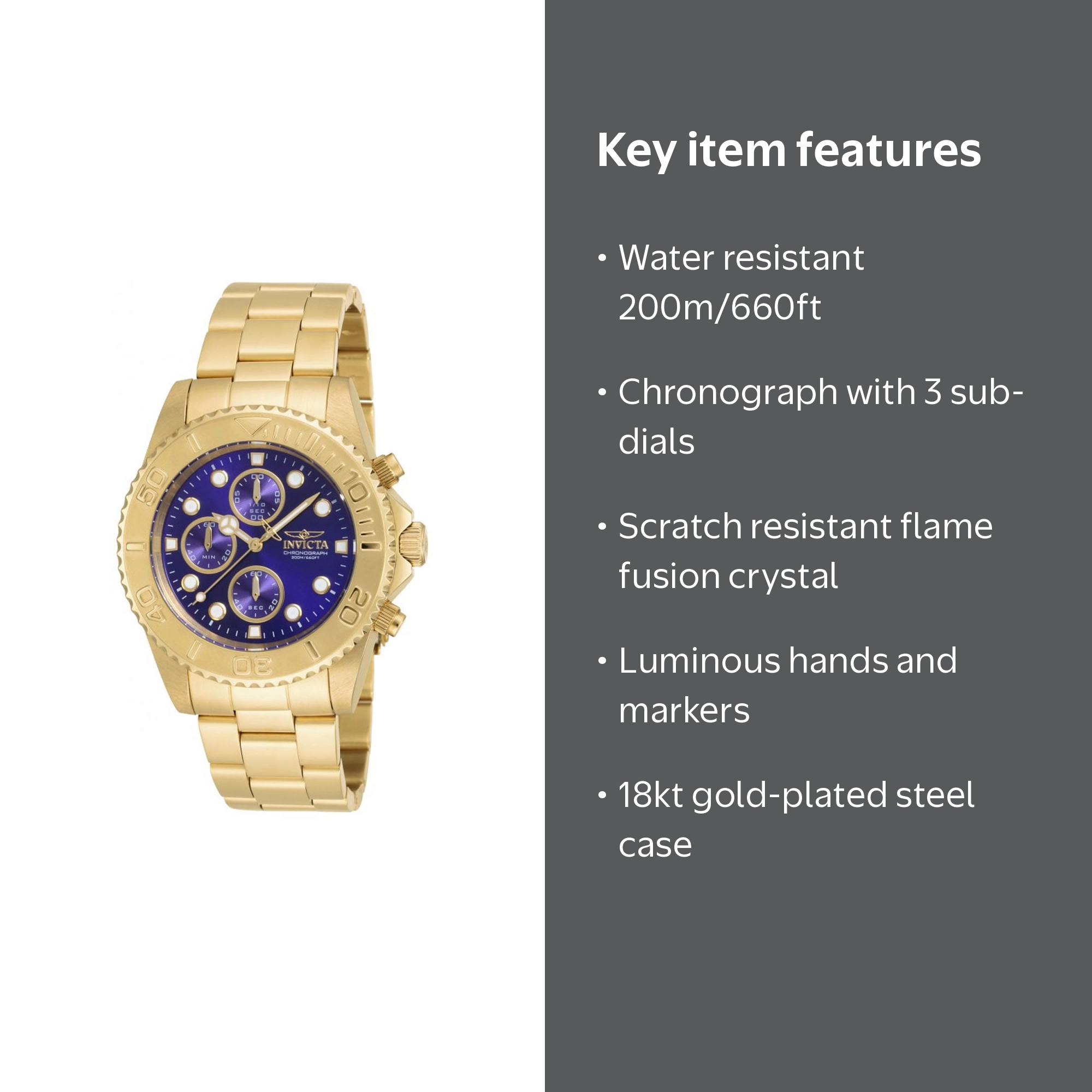 Invicta Pro Diver Men's Watch 19157, 18kt Gold-plated, Blue Dial