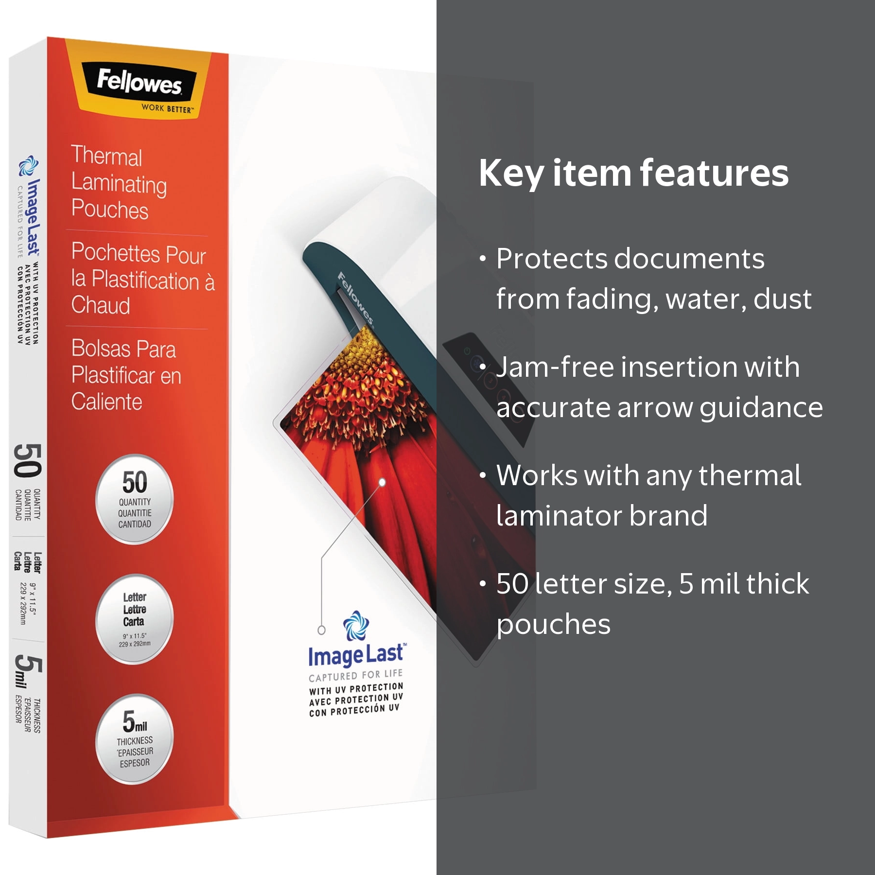 Fellowes, ImageLast Thermal Laminating Pouches, Clear, Letter