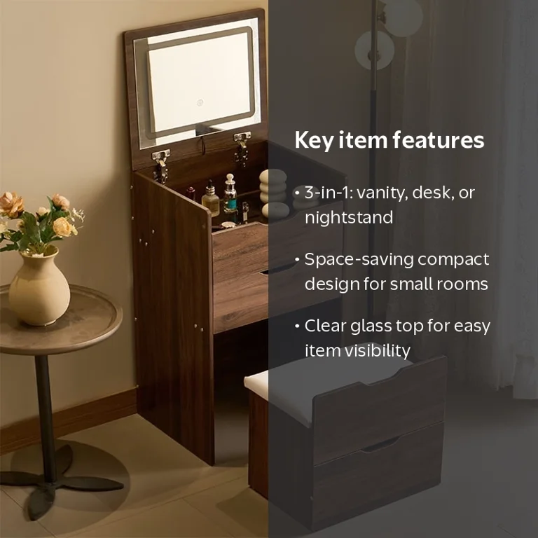 3-in-1 Vanity Desk with Mirror And Lights, Small Vanity Dresser Set with Visible Glass Tabletop, 3 Drawers, Storage Bench, 3-color Lighting Mirror