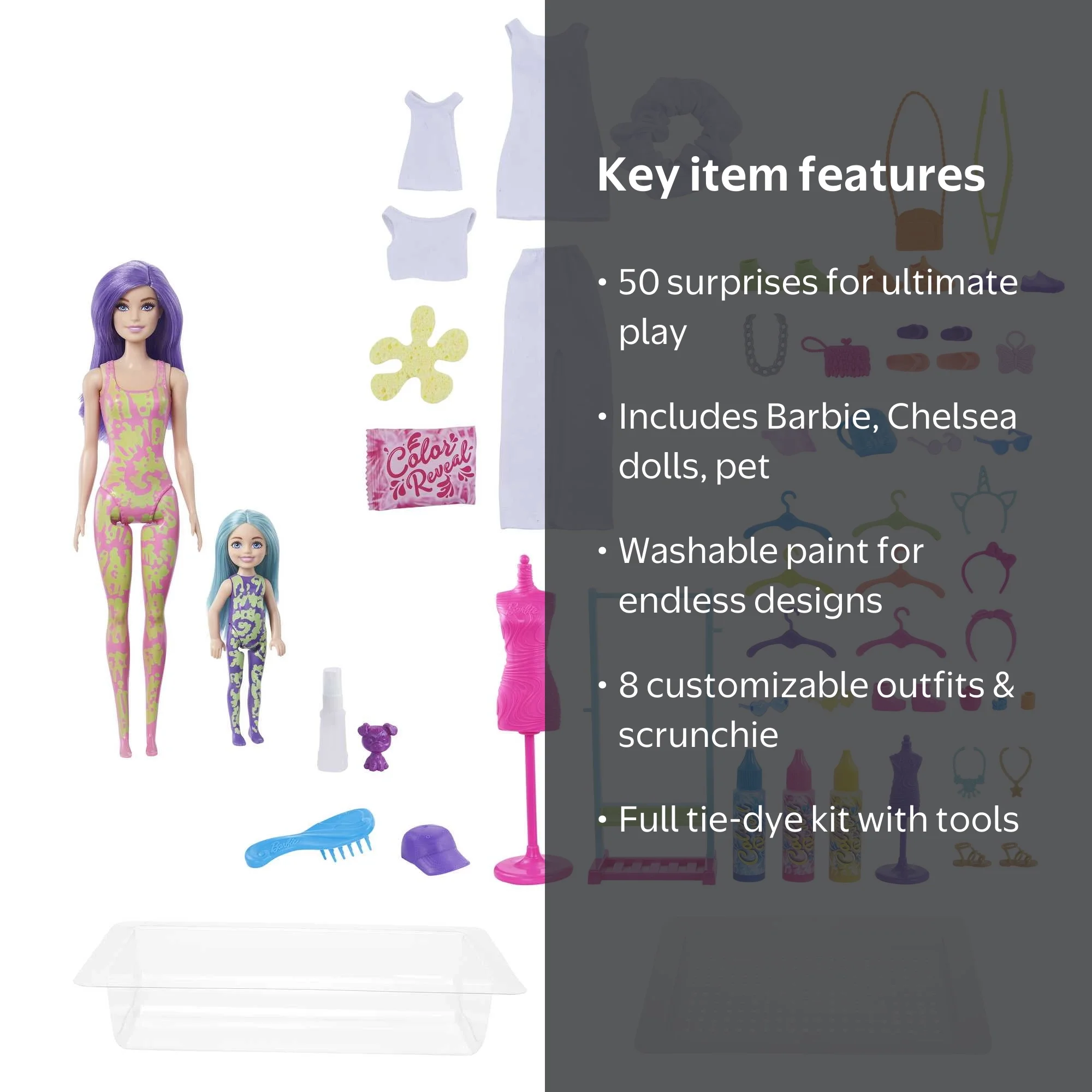Barbie, Doll Color Reveal Gift Set, Tie-Dye Fashion Maker with 2