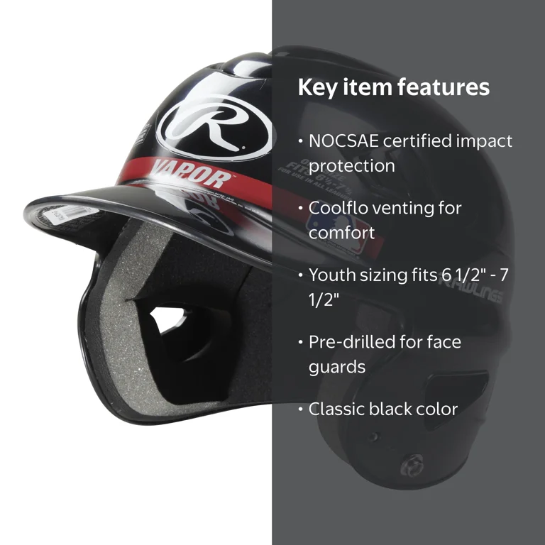 Rawlings, Vapor Youth Baseball Batting Helmet, Black, One Size