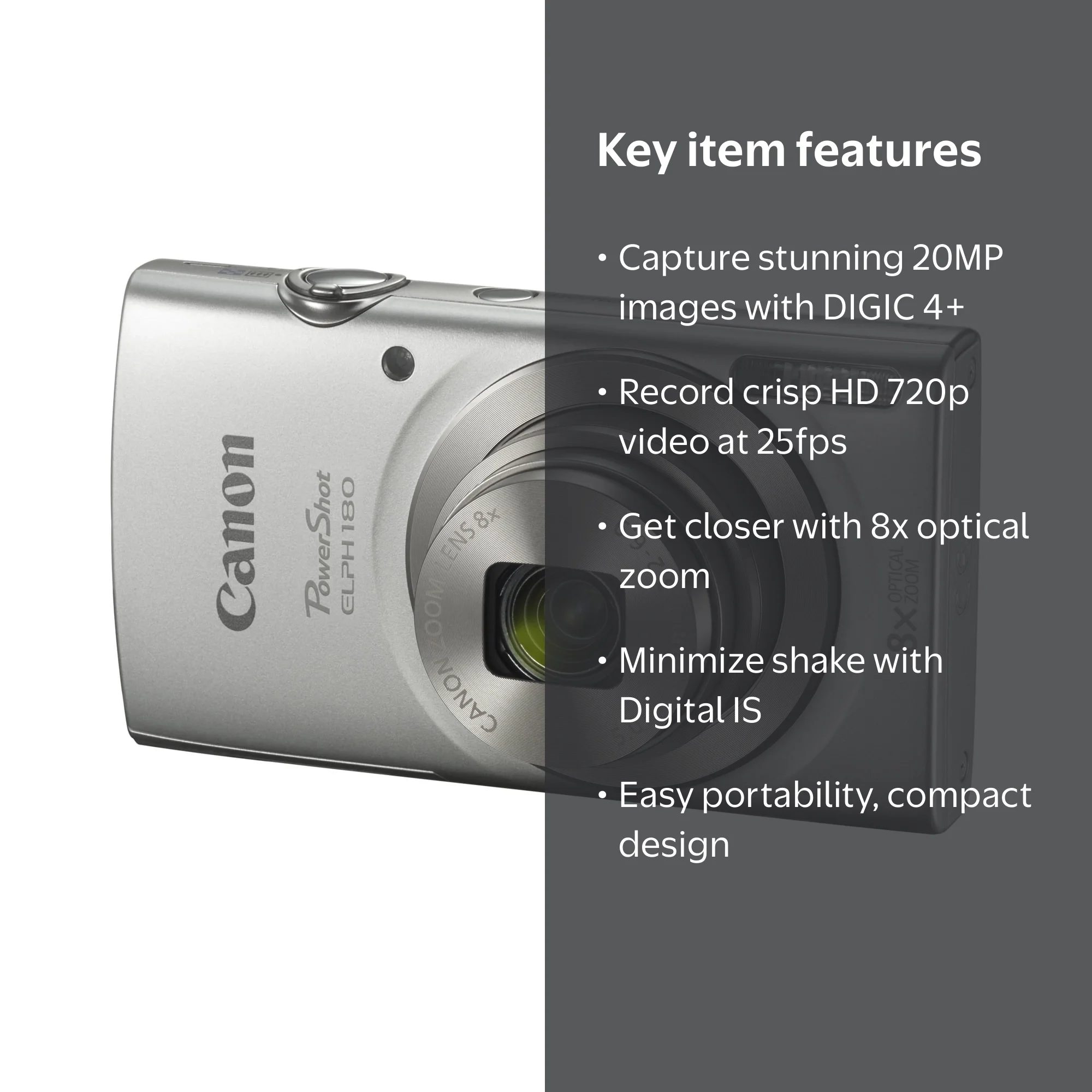 Canon Powershot Elph 180 Digital Photo Compact Point Silver Camera