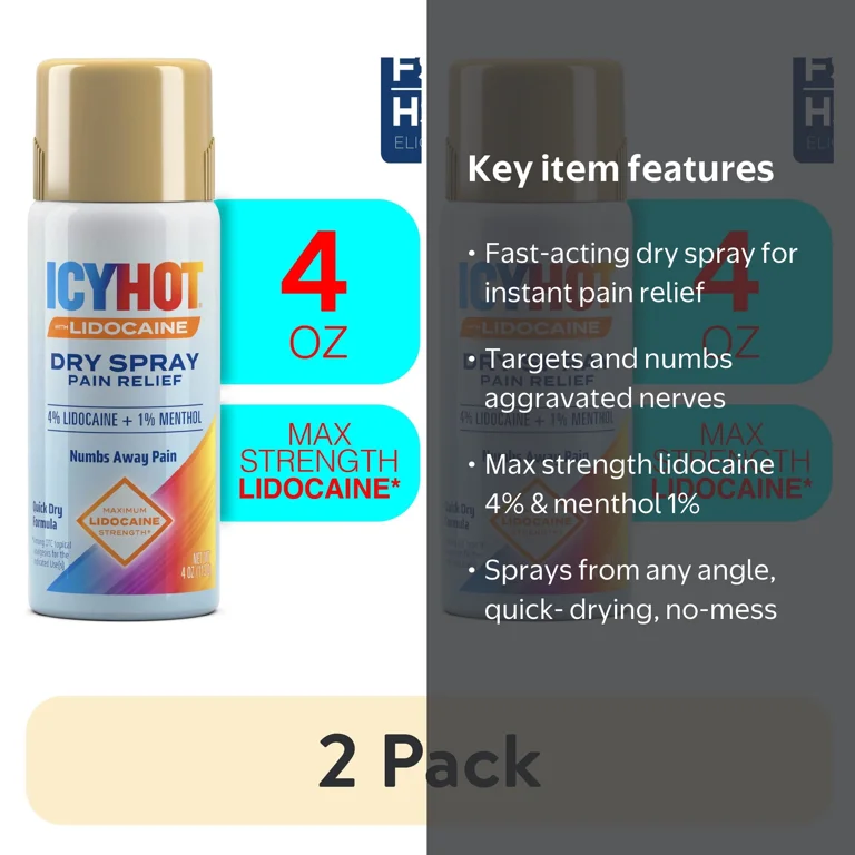 2 pack) Icy Hot Lidocaine Pain Relief Dry Spray, Numb Aggravated