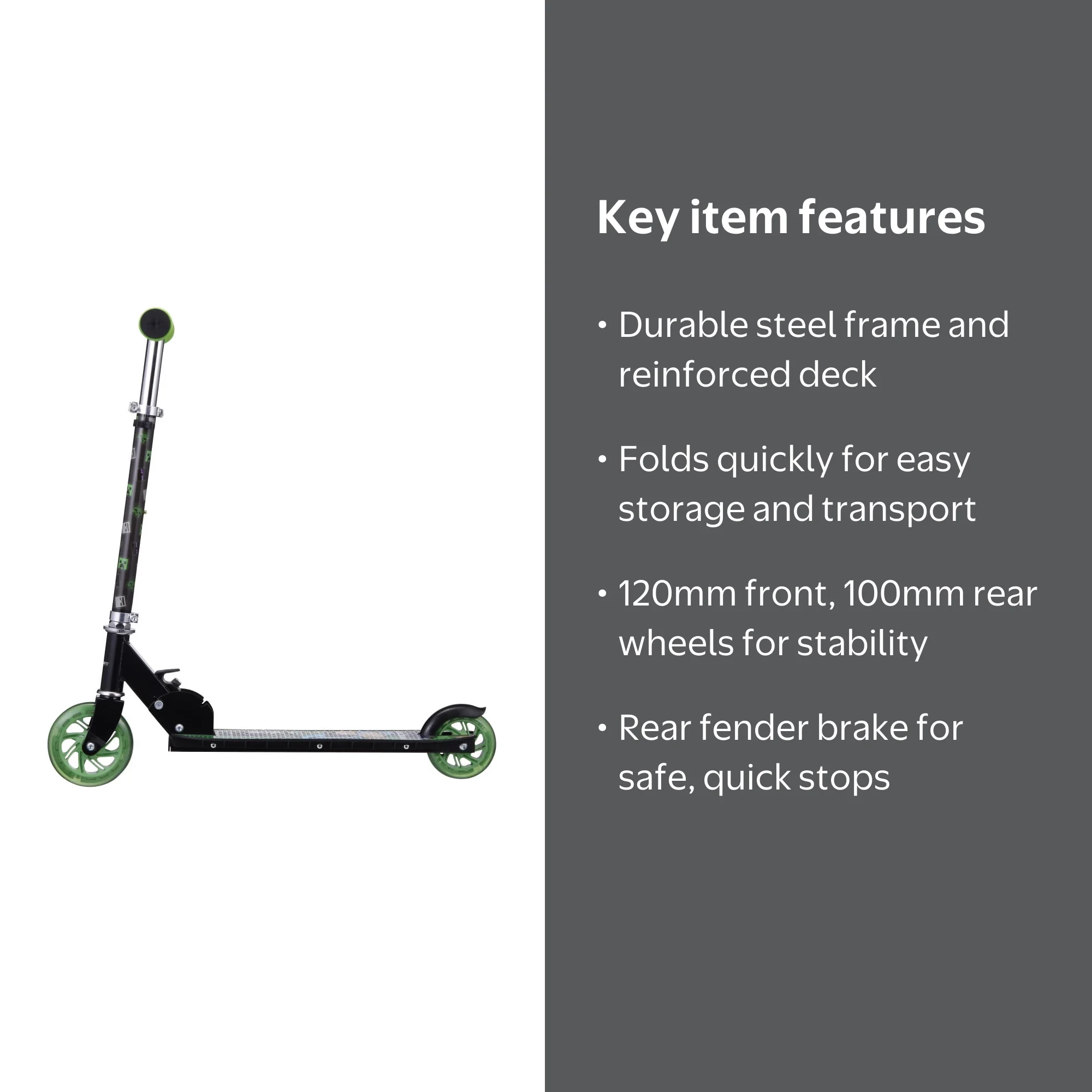 2-Wheel Minecraft Kick Scooter with Light-up Wheels, Foldable