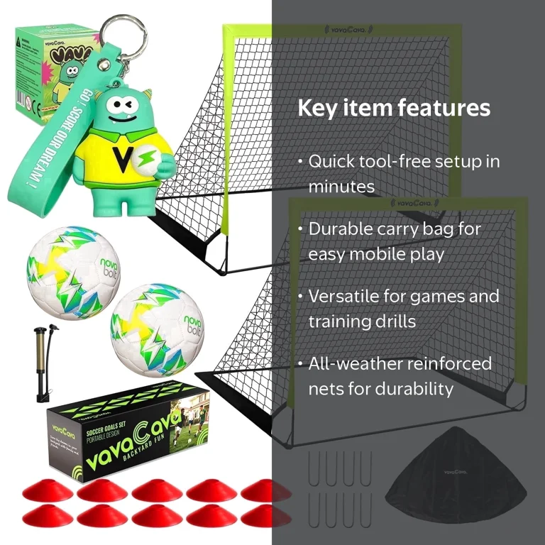 VAVACAVA, Soccer Goals, 4'x3' Portable Set, 2 Nets, 2 Balls, Cones