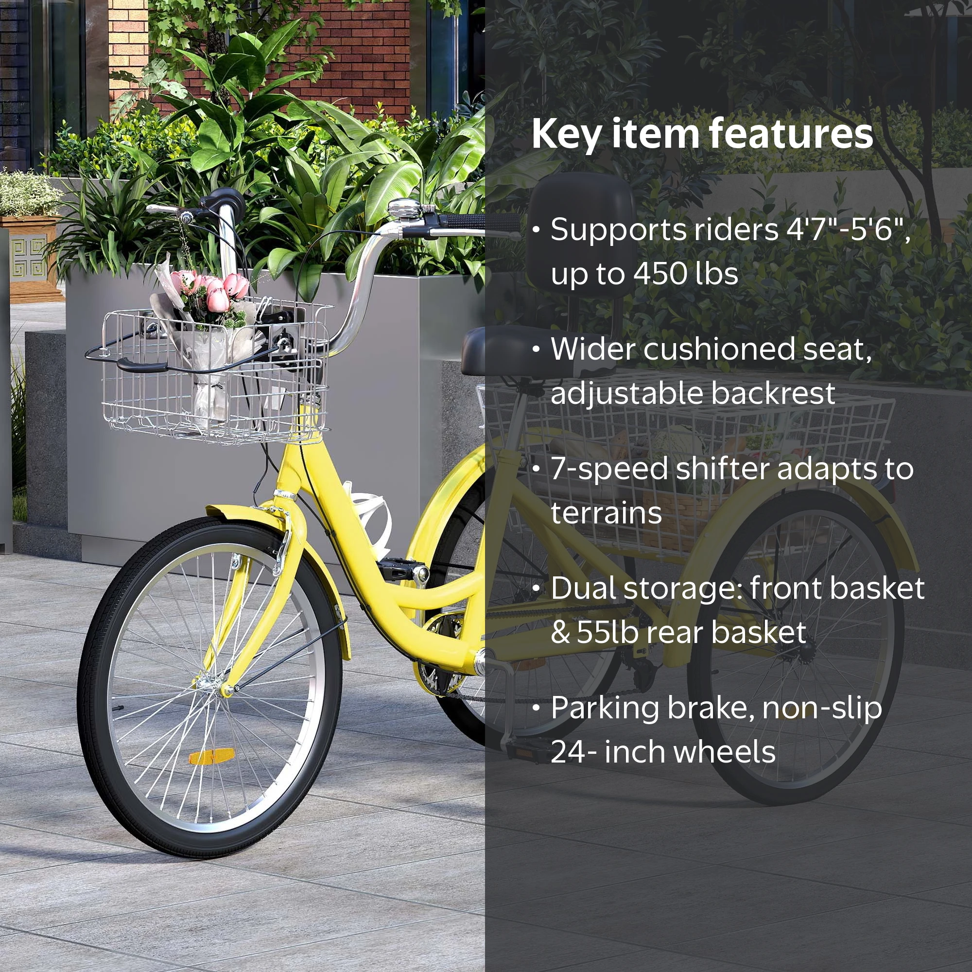 Tricycle électrique Adulte 24 Pouces - 7 Vitesses, Batterie 48V 15Ah, Grand Panier, Vert