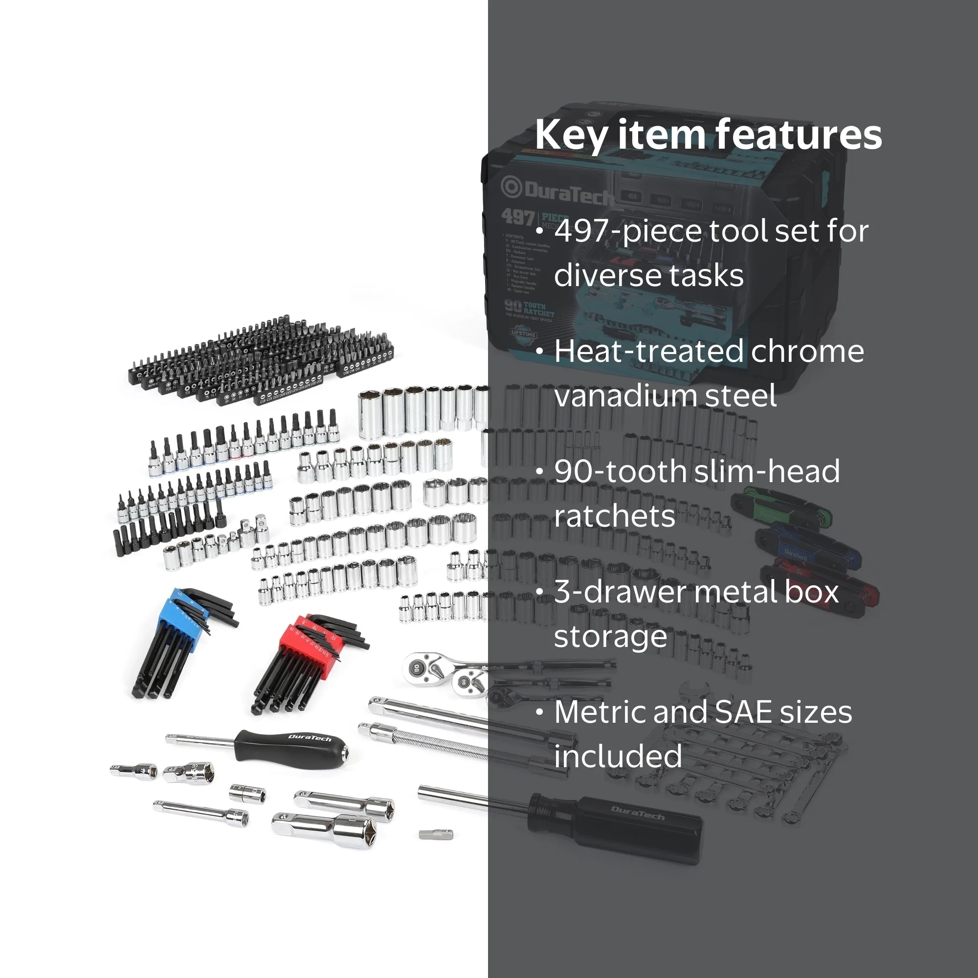 DuraTech 497-Piece Mechanics Tool Set, SAE/Metric Sockets, 90