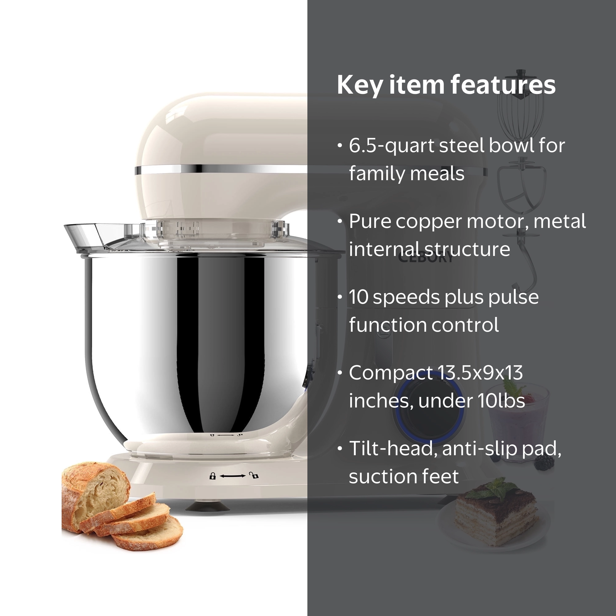 CEBORY 3-IN-1 Stand Mixer, 6.5 QT Tilt-Head Food Mixer, Off-White
