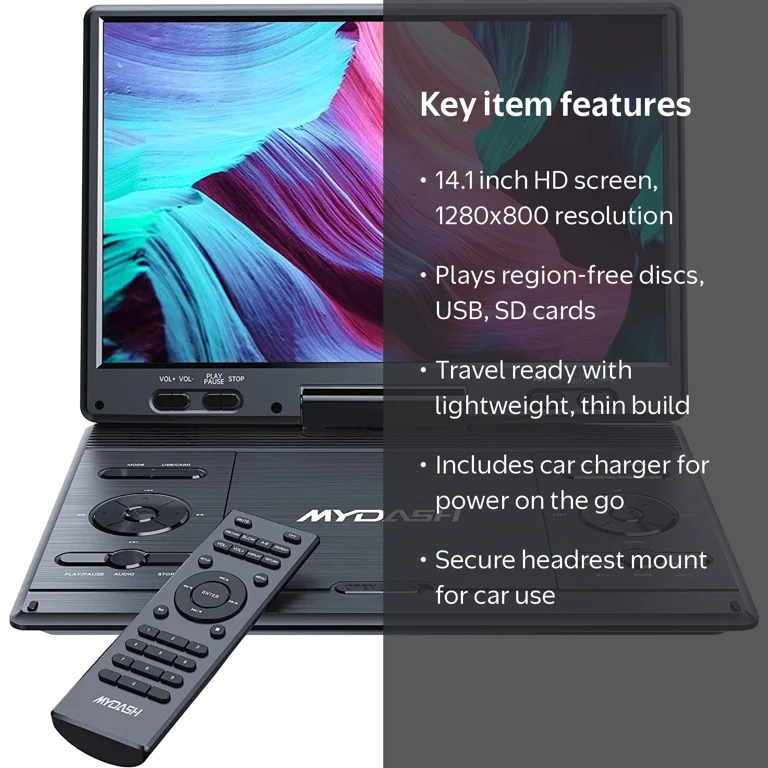 MYDASH ポータブルDVDプレーヤー 約15.4インチ MYDASH, Portable DVD Player, 14.1-inch, Large HD Swivel Screen