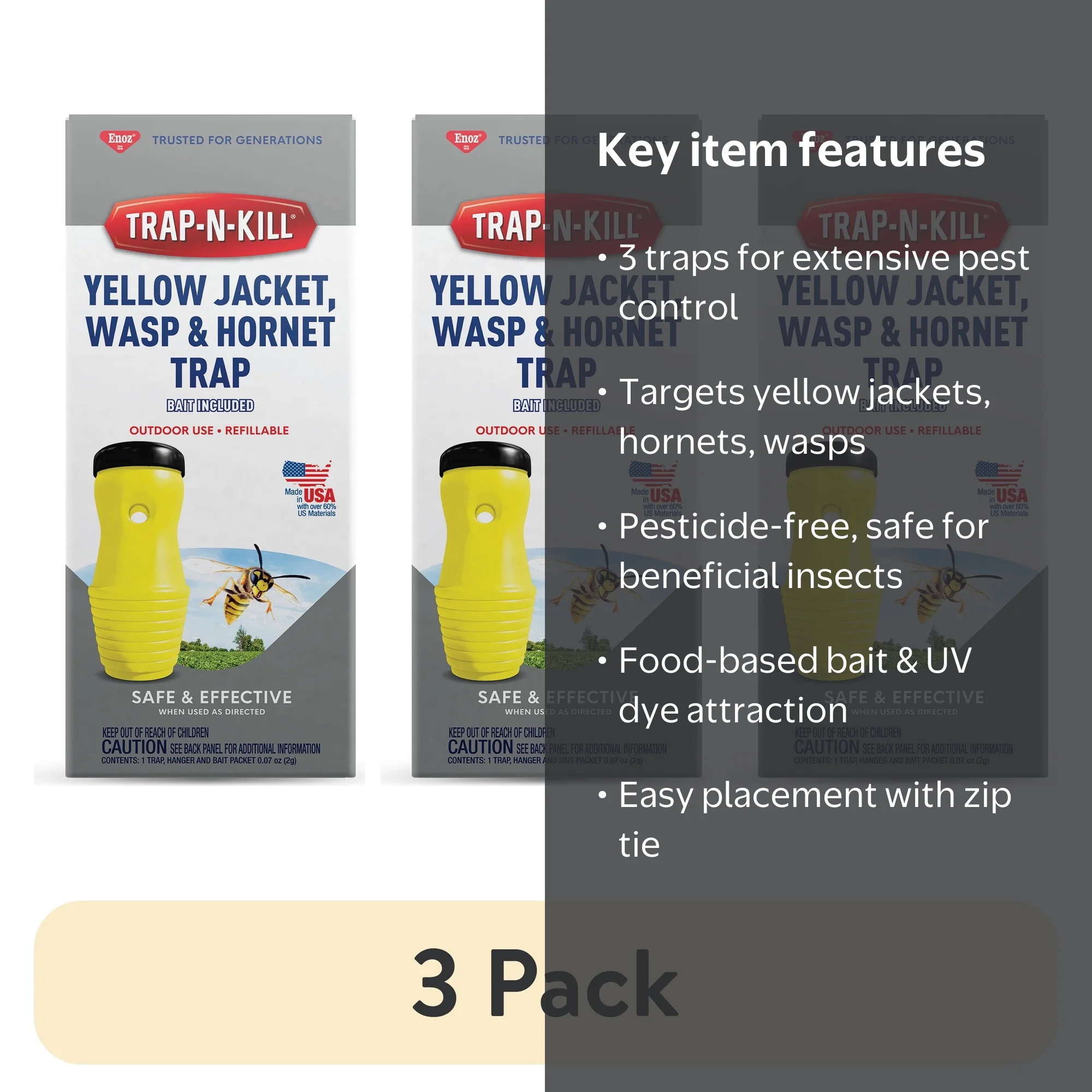 3 pack) Enoz Trap-N-Kill Outdoor Yellow Jacket, Hornet, and Wasp