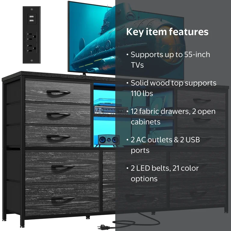 EnHomee Dresser TV Stand for 55'' TV, 12 Fabric Drawers, LED