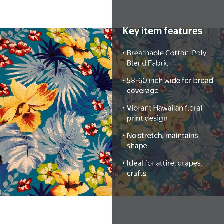 Lilly Craft Hawaiian Floral Print Aqua Polycotton Fabric 58-60