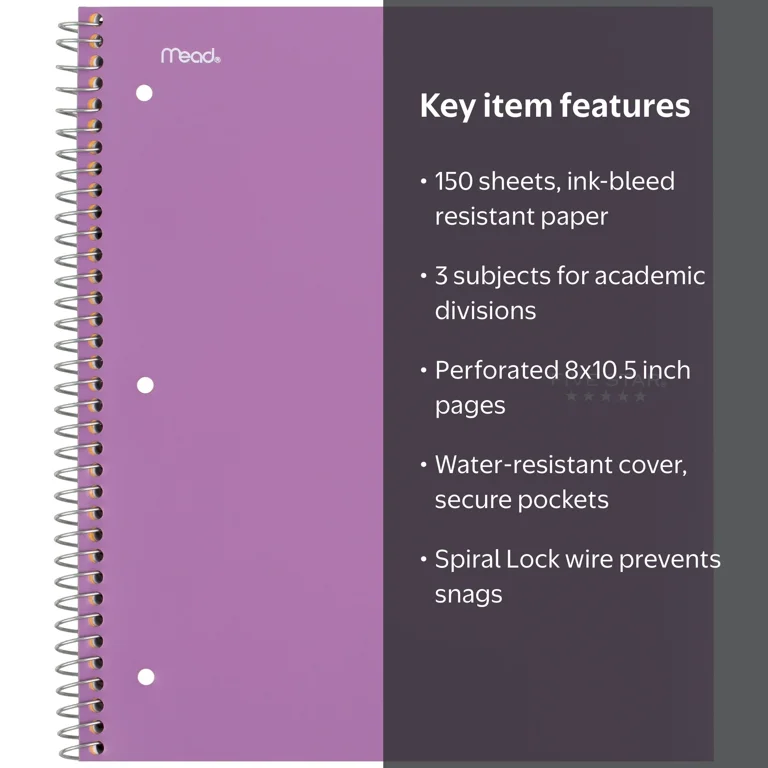 Five Star, Spiral Notebook, 3 Subject, Wide Ruled, Amethyst