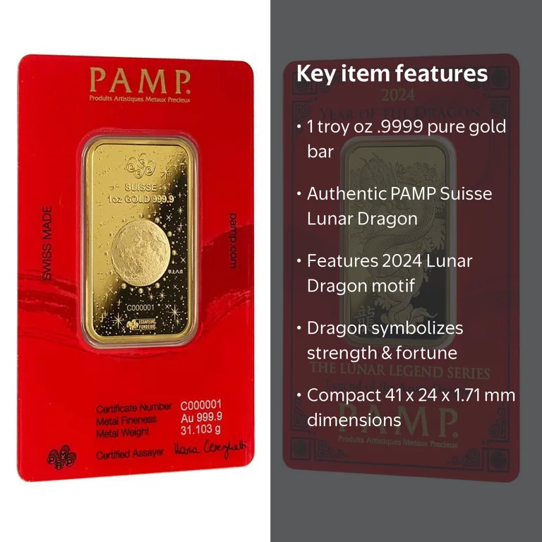 PAMP Suisse 2024 1 oz Lunar Dragon Gold Bar, .9999 Fine, In Assay