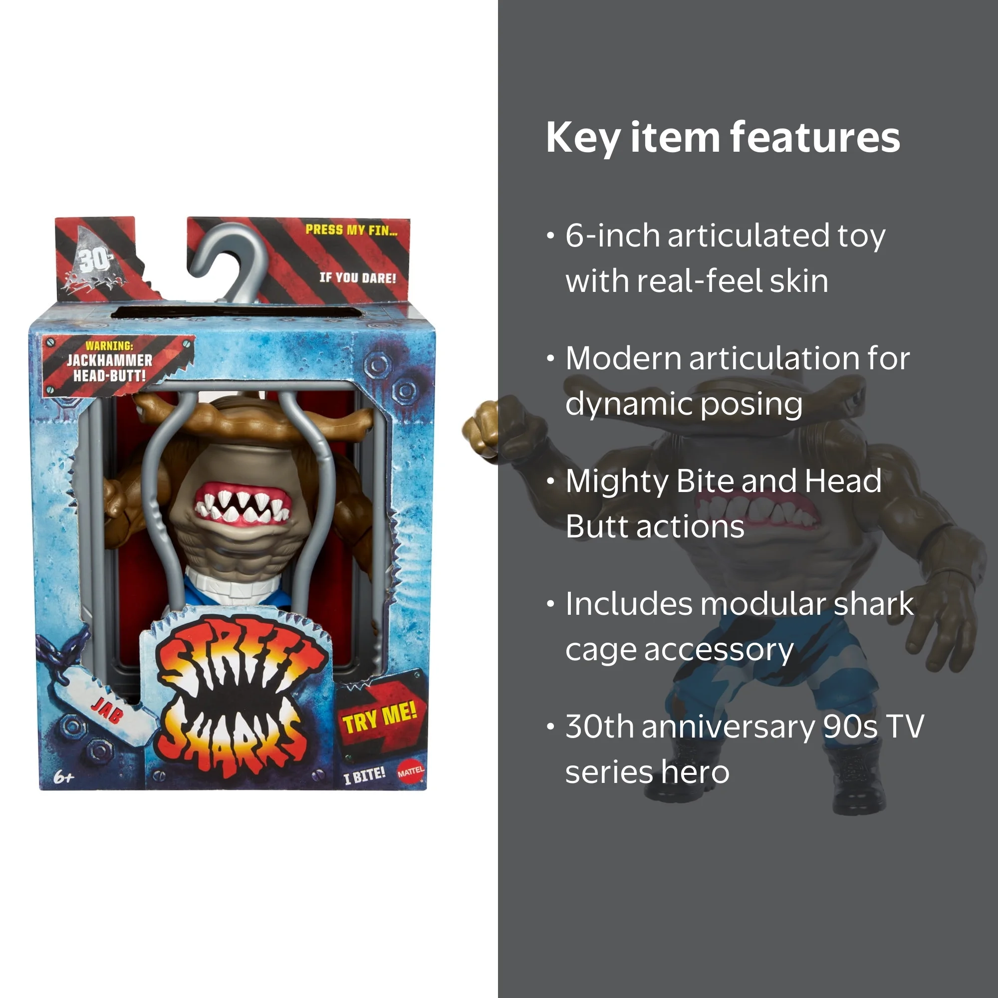 Street Sharks Jab JAWS Action Figure, Half-Shark 90s TV Hero, 6