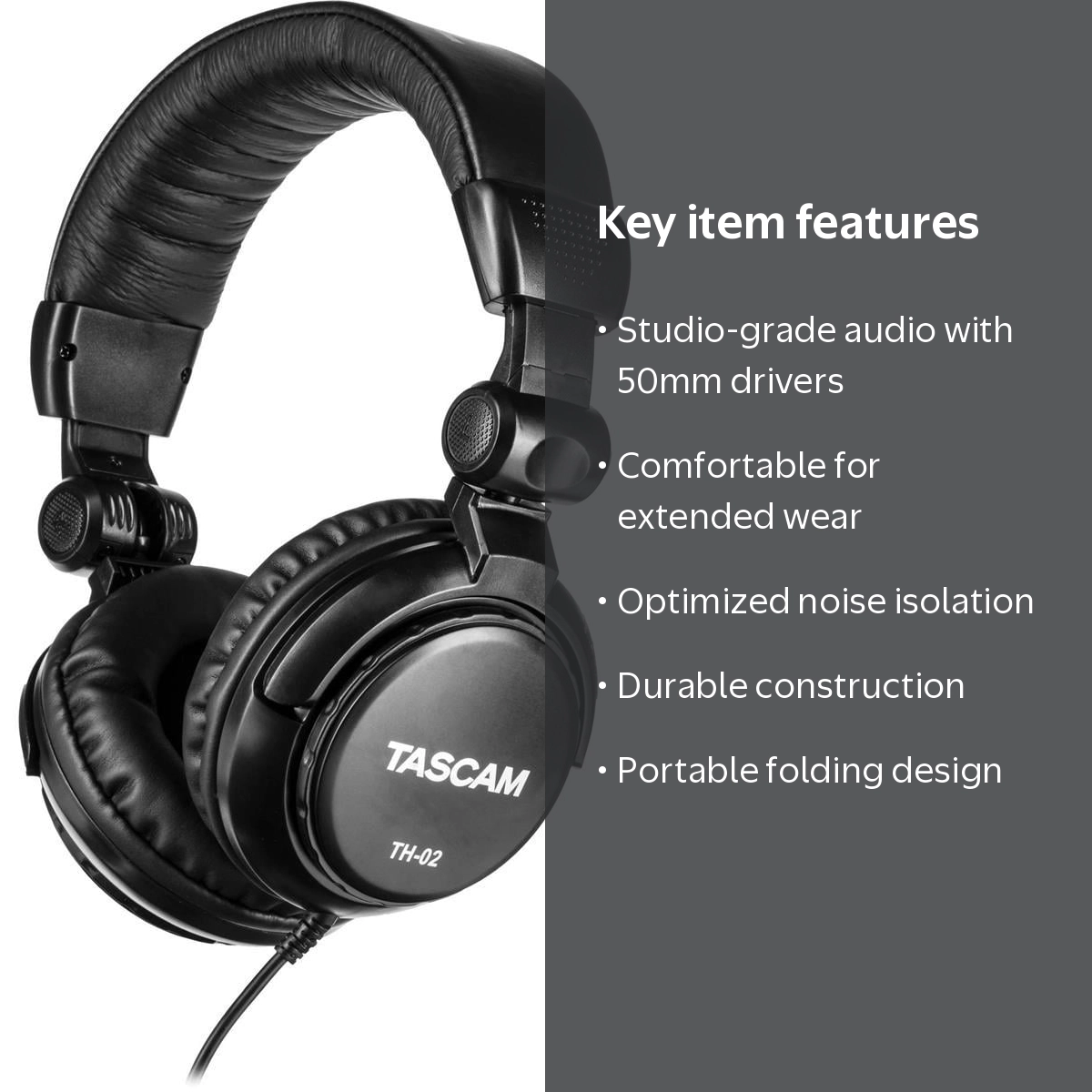 Tascam TH-02 Closed Back Studio Headphones, Black, Over-Ear Design