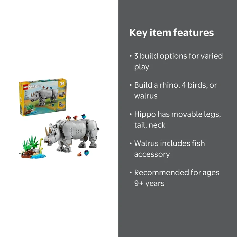 LEGO Wild Animals: Majestic Rhino with Birds, Ages 9+ - Gift for