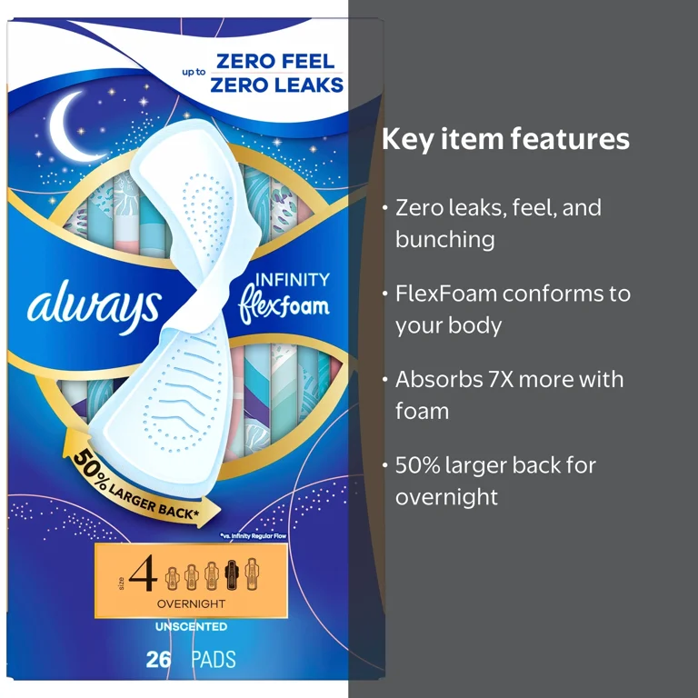 Always Infinity FlexFoam Pads, Size 4, Overnight, Wings, Unscented