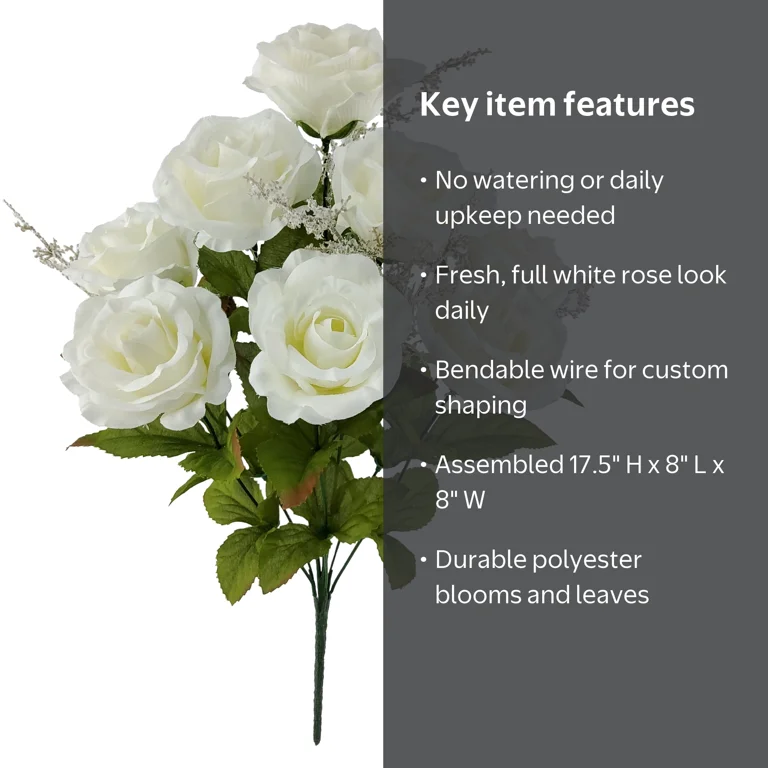 Mainstays Indoor Artificial Rose Bush, White, Polyester, 17.5 in