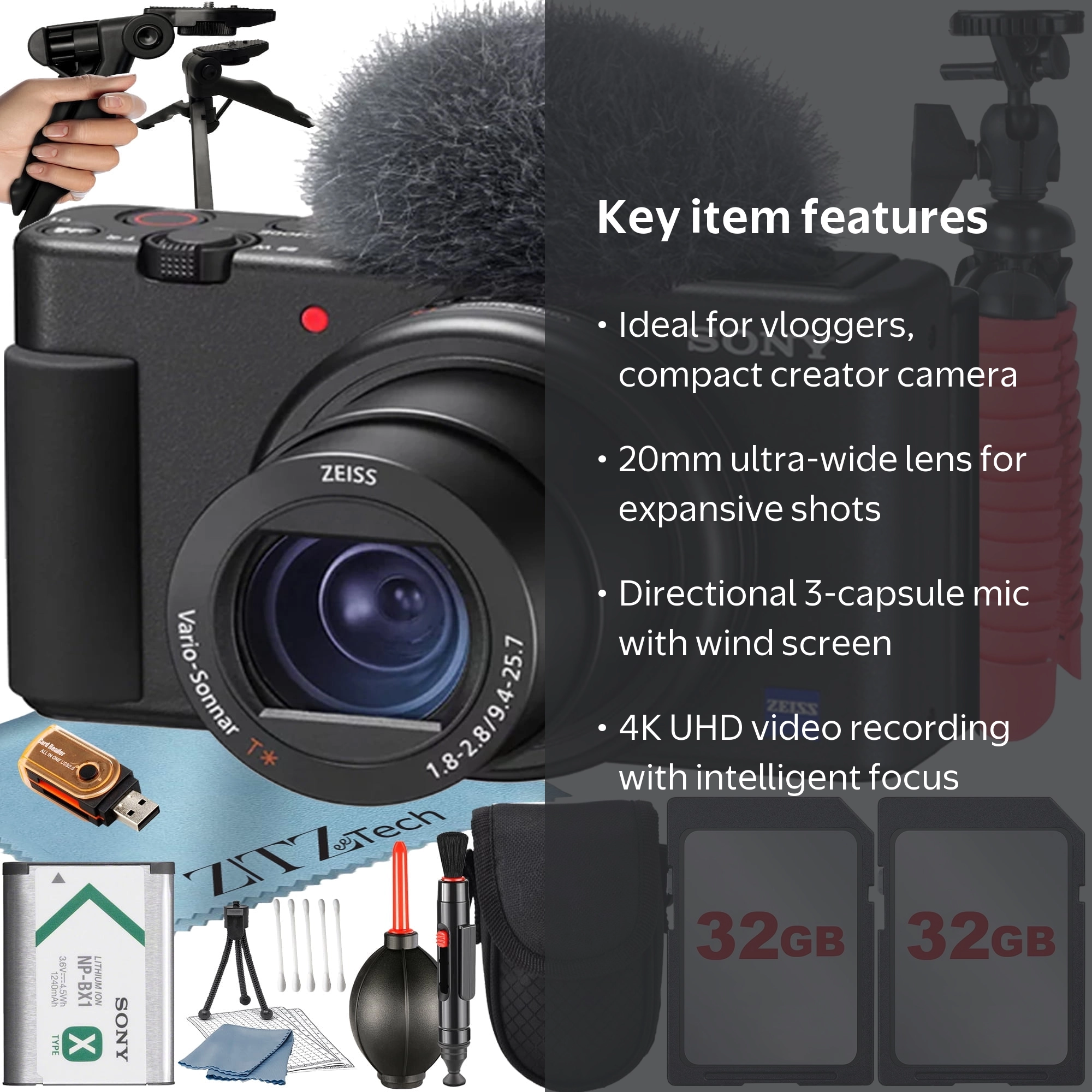 Sony ZV-1F Professional Video Vlogging Camera, Black with 2x 32GB
