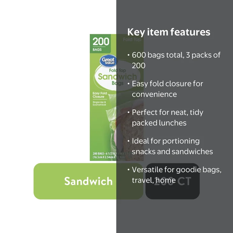 3 pack) Great Value Fold Top Sandwich Bags, 200 Count - Walmart.com