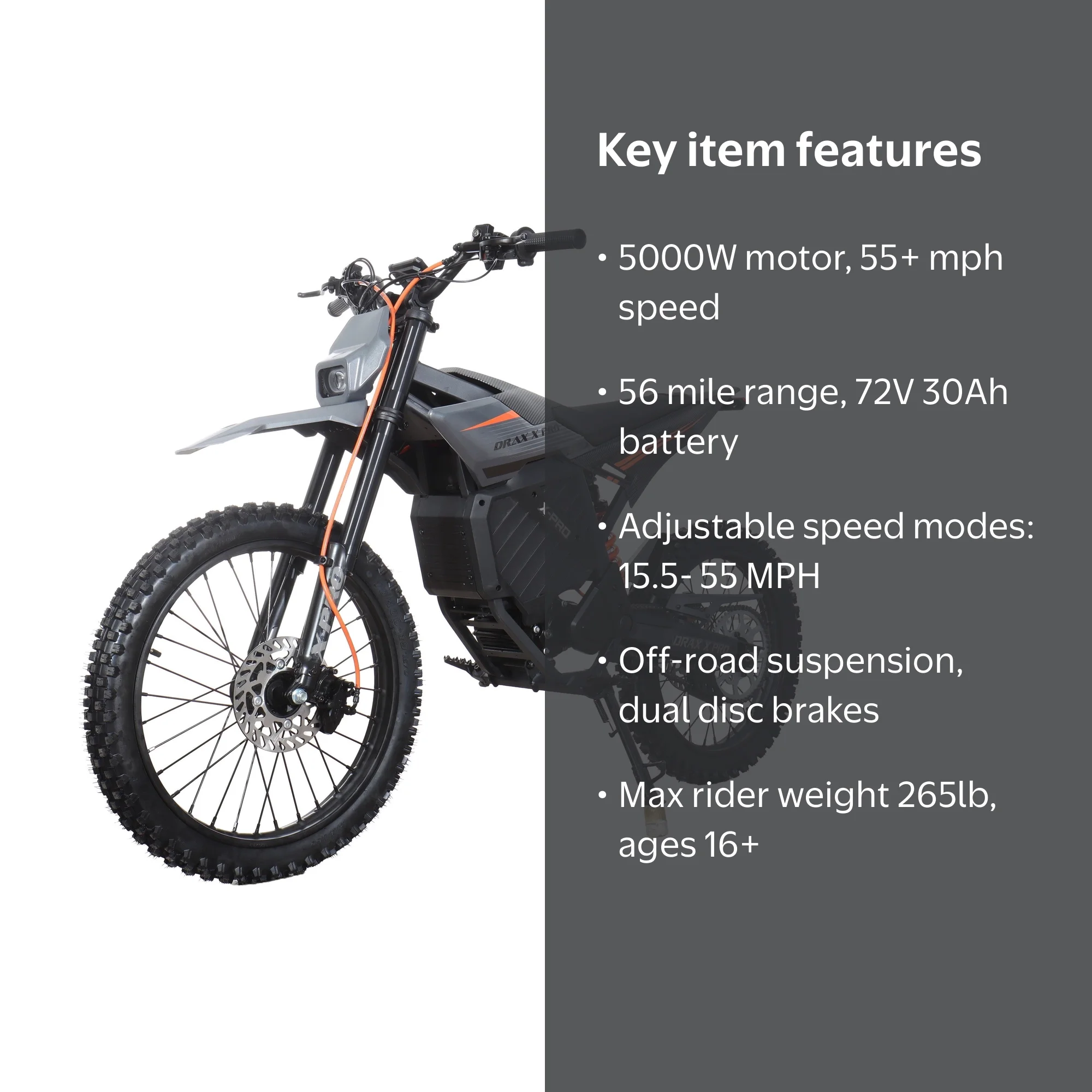 X-Pro Drax X Pro 5000W Electric Dirt Bike for Teens & Adults, 72V