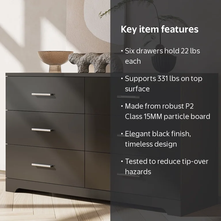 black dresser under $100 Ktaxon Bedroom with 6 Drawers, Wooden Double Dresser, Wide Storage Cabinet for Living Room and Entryway, Rhinestone Cape Sleeve A