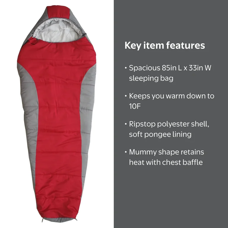 Free Shipping! Ozark Trail 10F Mummy Sleeping Bag with Soft Liner