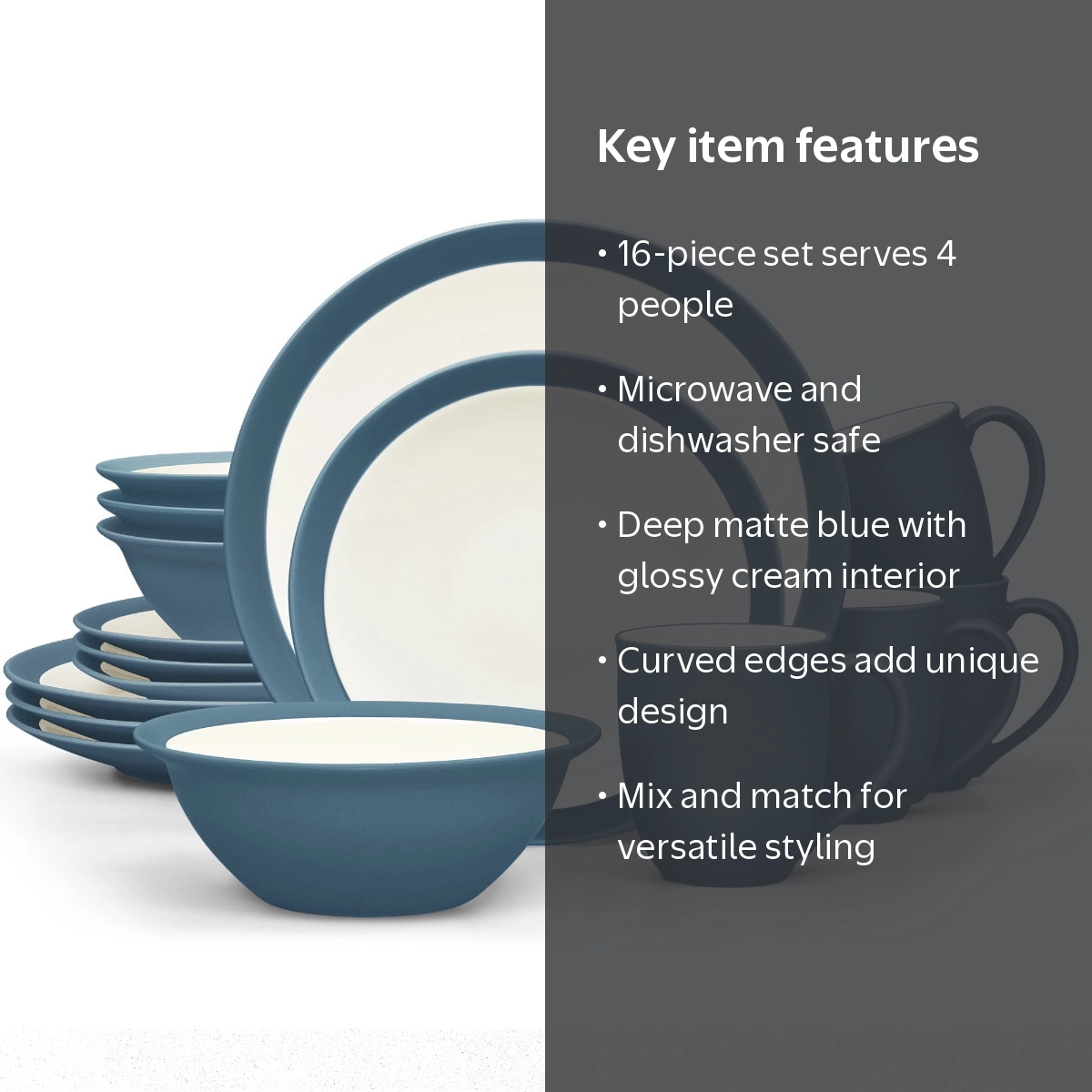 Noritake Colorwave Blue 16-Piece Curve Dinnerware Set, Service for